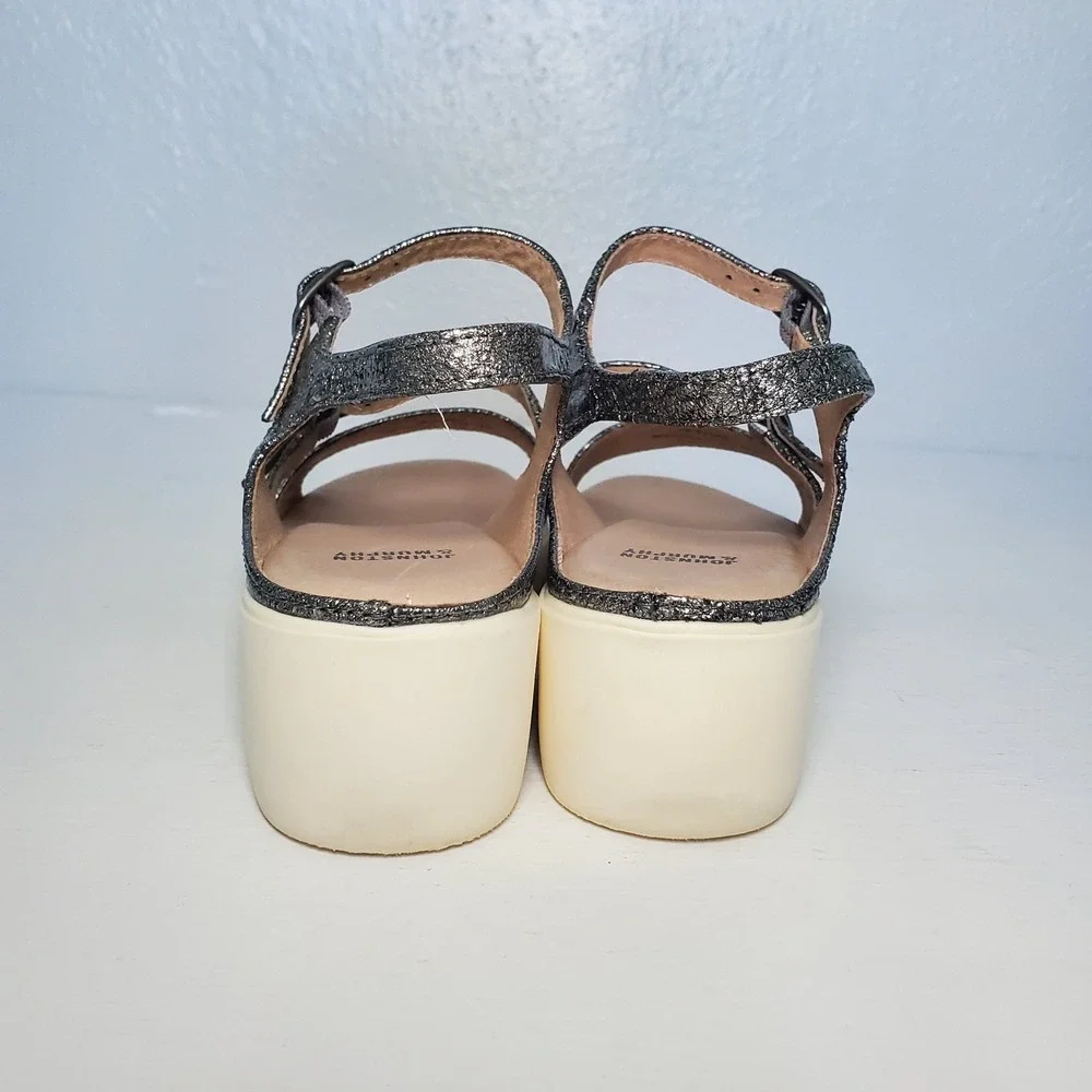Johnston & Murphy Women Metallic Silver Wedge Platform Sandal Buckle Ankle Strap